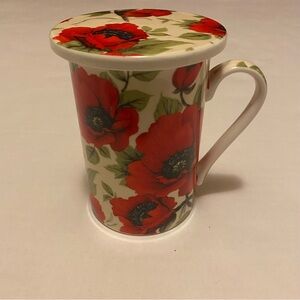 Kent Pottery 10 Ounce Coffee/Tea Mug with Lid - Red Poppy Flower Design